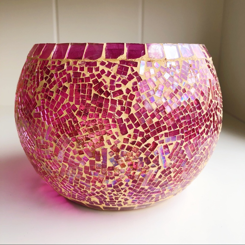 Pink Glass Mosaic Vase/Candle Jar, 4” Diameter